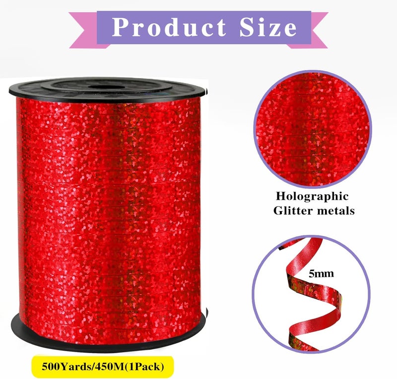 WFAUIBR 500 Yards Red Glitter Curling Ribbon, 1/5" Wide - Curly Ribbon for Balloons, Christmas, Valentine's Day, Birthday - Image 2